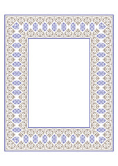 Obraz premium Beautiful rectangular Vertical frame arabesque. Gold blue plate with floral design. Vintage ethnic vector frame with arabesques. A4 format. EPS 10. For rectangular surfaces, textiles, embroidery