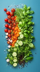 A vibrant selection of ripe tomatoes, cucumbers, carrots, and various herbs is artistically displayed on a blue background, emphasizing fresh cooking ingredients