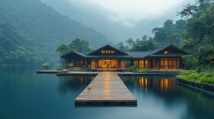 Fototapeta premium Serene lakeside retreat with modern architecture at dusk.