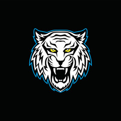 Tiger head mascot logo isolated on black background.