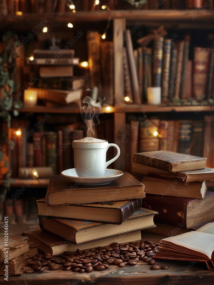 Aufkleber a warm atmosphere filled with books and a steaming cup of coffee offers the perfect setting for a qu