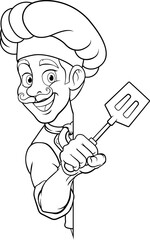 A chef, barbecue cook or baker cartoon food man mascot character holding a spatula and peeking around a sign or menu board with copy space illustration