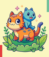 Green cat atop an orange cat, surrounded by lush plants and stars Playful and charming, perfect for any creative space