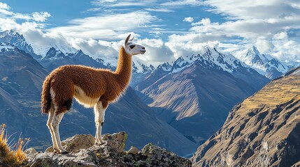 Llama standing on a mountain ridge under a clear blue sky.