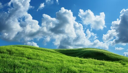 Green, grassy hills, a blue sky with white clouds - a perfect desktop wallpaper for Windows XP. Nature backdrop, summer vibe, looking out from inside