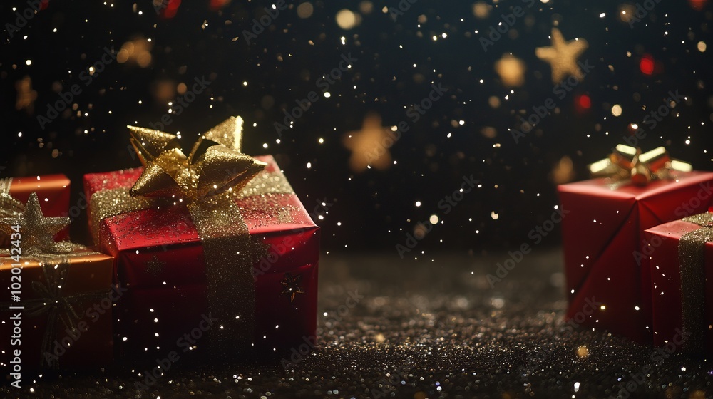 Wall mural beautifully wrapped christmas presents surrounded by sparkling stars and soft holiday lights, featur