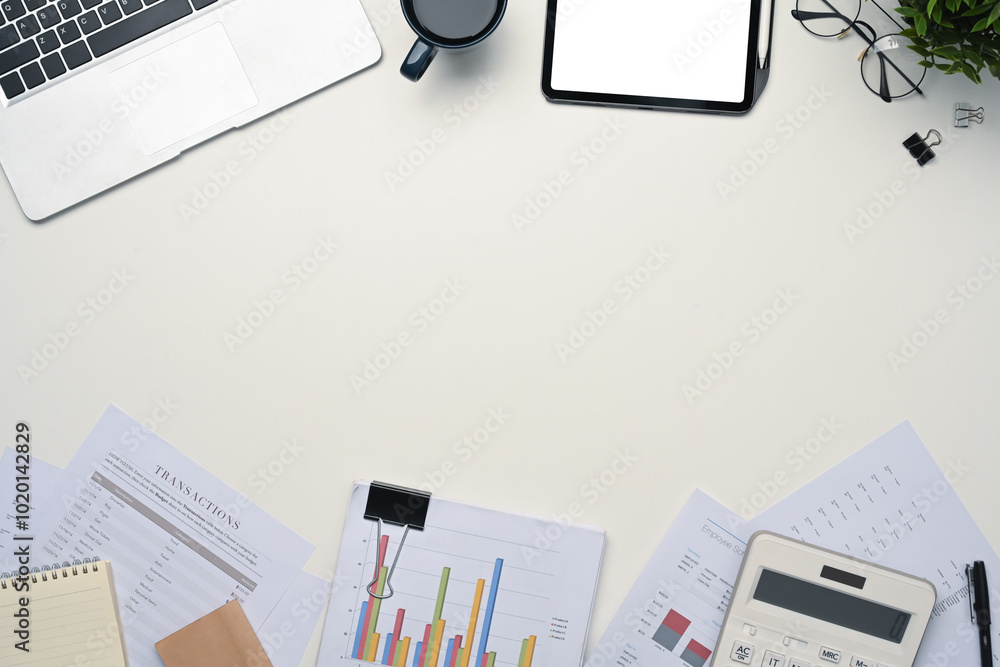 Poster top view digital tablet with empty display, laptop and financial document on white table