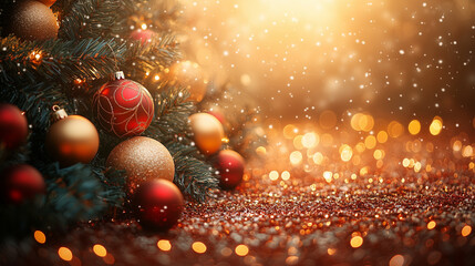 Fototapeta premium Colorful and bright Christmas tree ornament ball decorations in lavish and cozy room with glitter and sparkles in the air