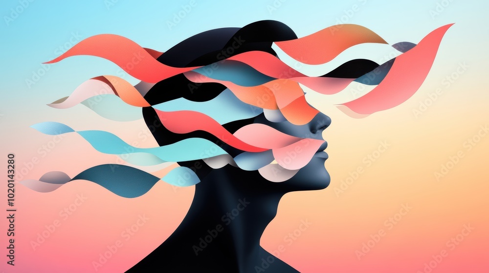Poster a silhouette of a person against a colorful, abstract background, their features hidden by the intri