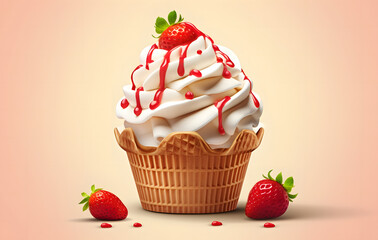 Strawberry ice cream cone with delicious strawberry fruit.