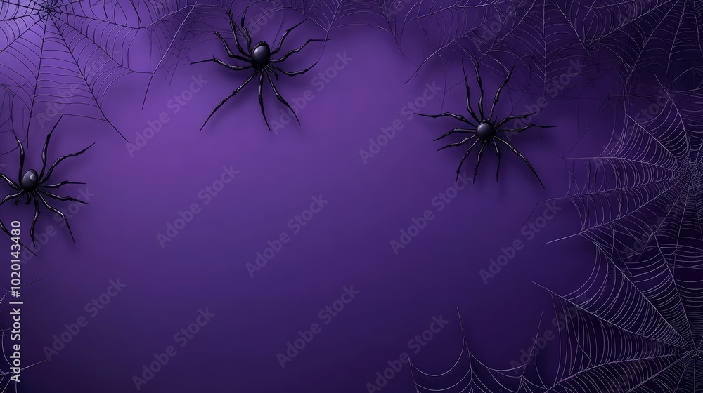 Poster halloween-themed purple backdrop with spider web patterns in a flat design, evoking a spooky yet ele