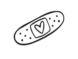 Hand drawn aid band plaster with heart care isolated on white background. doodle outline style