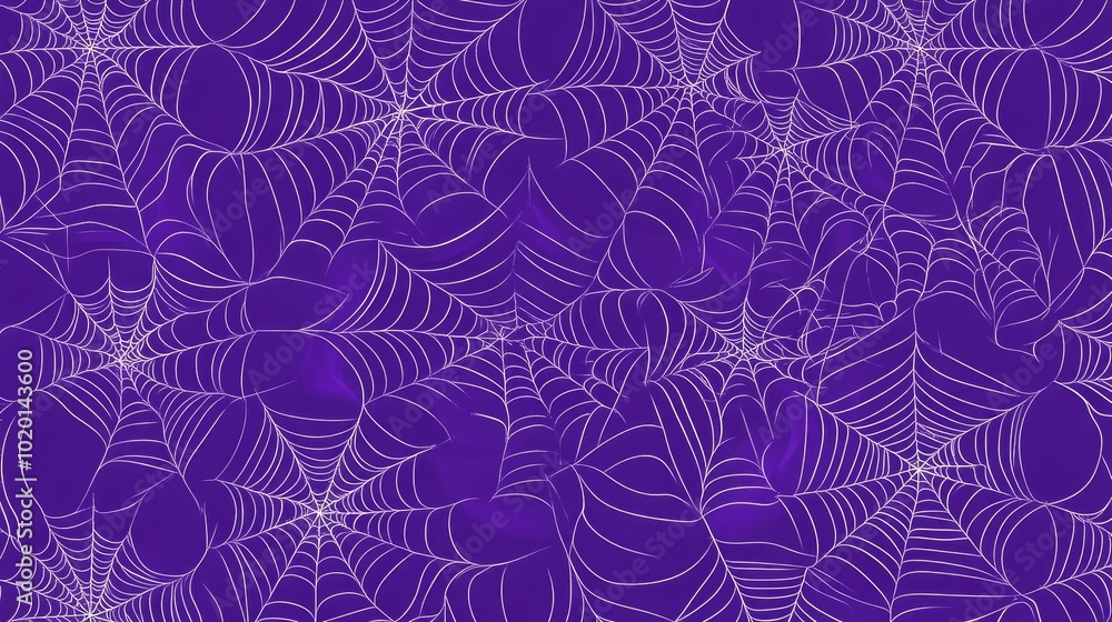 Poster halloween-themed purple backdrop with spider web patterns in a flat design, evoking a spooky yet ele