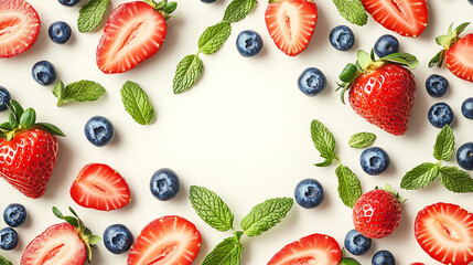 Fresh strawberries and blueberries arranged beautifully with mint leaves on a white background, perfect for healthy eating and summer recipes.