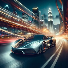 Fototapeta premium sports car hurtles at full speed through the streets of a night city 