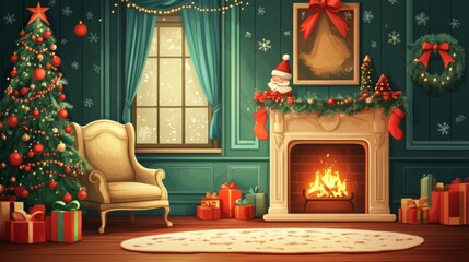 Fototapeta premium Cozy christmas living room with a festive fireplace, comfortable armchair, and decorated christmas tree surrounded by wrapped gifts, creating a warm and inviting holiday atmosphere perfect for season