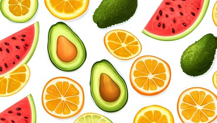 Naklejka premium A vibrant summer fruit pattern with watermelon, avocado and orange slices on a white background.