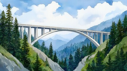 Obraz premium A picturesque landscape showcasing a stunning bridge spanning across a valley, surrounded by lush green forests and towering mountains under a bright, blue sky.