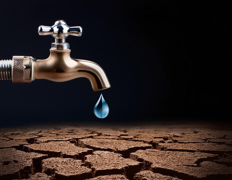 Un grifo con una gota de agua cayendo en la tierra seca, simbolo de sequia mundial o cambio climatico