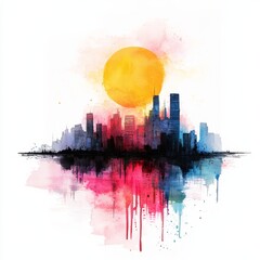 Obraz premium Watercolor painting of a futuristic city with buildings melting under the sun, on isolated white background
