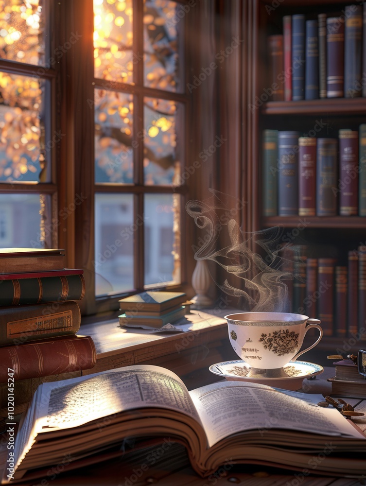 Leinwandbilder Warm light filters through the window, illuminating a stack of books and a cup of coffee, creating an inviting atmosphere for reading. Generative AI
