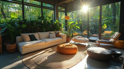 Fototapeta premium Bright living room with lush living wall and modern furniture bathed in natural light from large windows