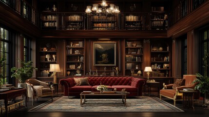 A cozy maximalist living room featuring deep red velvet couches and eclectic decor in moody lighting, perfect for intimate gatherings