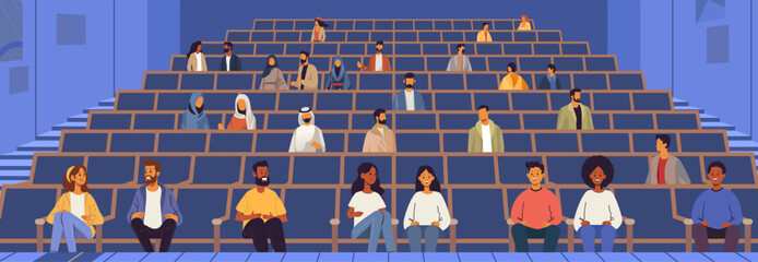 People in cinema theater audience diverse group sitting in rows blue background casual clothing