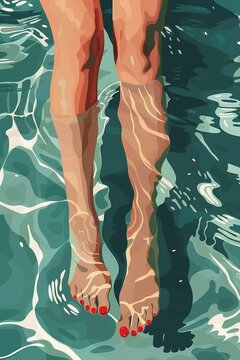 Frauenf&uuml;&szlig;e mit rot lackierten Zehenn&auml;gel im Wasser