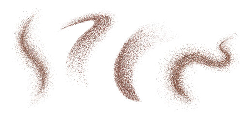 Chocolate powder splash. Coffee dust flying particle. Cocoa sand flying grain isolated 3d vector texture top view. Realistic granule explosion motion. Cinnamon particles scatter noise effect png