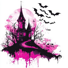 Fototapeta premium Haunted House with Bats and Pink Moon, Watercolor illustration of a spooky haunted house under a pink moon, surrounded by bats and eerie trees, perfect for Halloween.