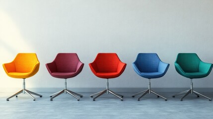 Identical chairs in a row, one uniquely colored, depicting job recruitment