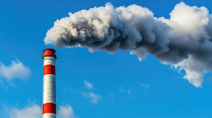 Industrial smokestack spewing thick gray smoke, red and white-striped chimney, blue sky background