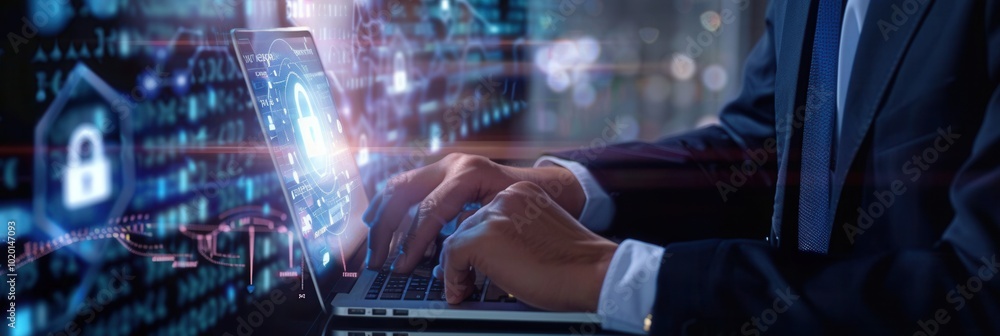 Poster A professional engages in cyber security practices, focusing on advanced data protection techniques within a digital network. Generative AI