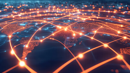 World Map with Glowing Business Hubs and Data Streams