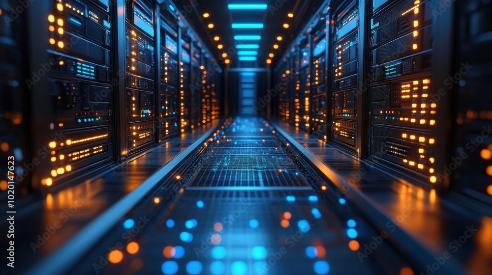 Poster a cutting-edge data center corridor with rows of illuminated servers glowing in blue and orange. the