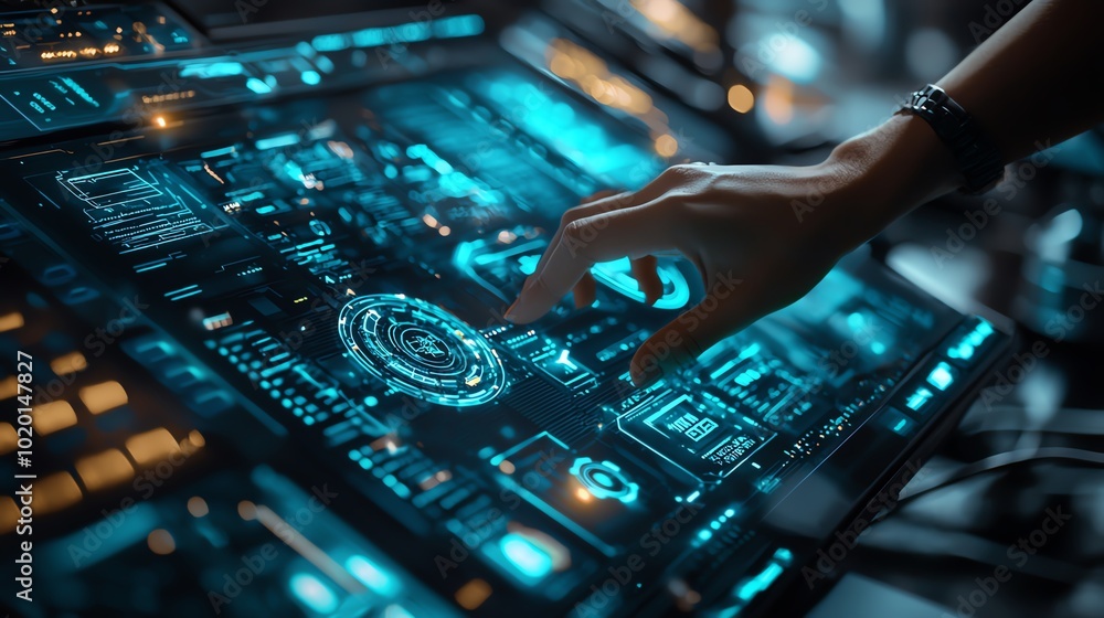 Aufkleber person working on a futuristic computer interface with holographic screens