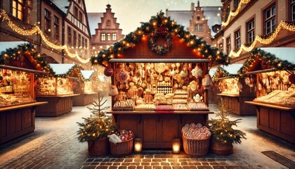 a traditional Christmas market scene in Germany, featuring cozy wooden stalls selling festive decorations and holiday treats.