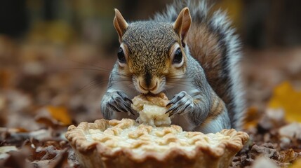 Intricate macro shot of a playful squirrel stealing a piece of freshly baked pie, blending animal behavior with culinary delights in a whimsical way
