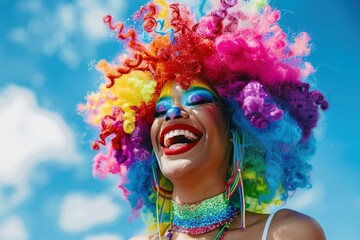 Obraz premium Eine geschminkte Transfrau mit Regenbogen Perücke auf einer Pride-Parade mit blauem Himmel im Hintergrund 