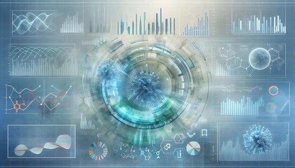 A futuristic scientific interface visualizing viral research, data analytics, molecular structures, and charts, ideal for biotechnology, data science, medical research, and AI-driven healthcare concep
