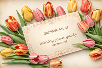 Get well soon card with a heartwarming bouquet of colorful tulip, expressing wish for a speedy recovery.
