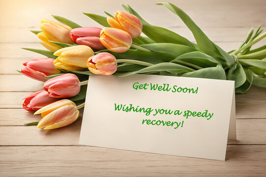 Get well soon card with a heartwarming bouquet of colorful tulip, expressing wish for a speedy recovery.
