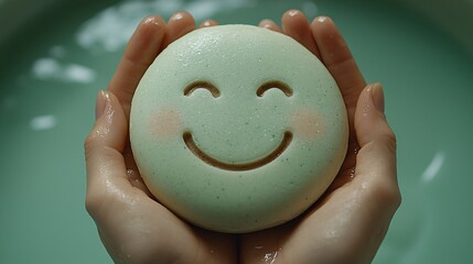 A minimalist image for Mental Health Day, featuring hands holding a smiling green face, ideal for mental wellness promotions, self-care campaigns, and positivity events.
