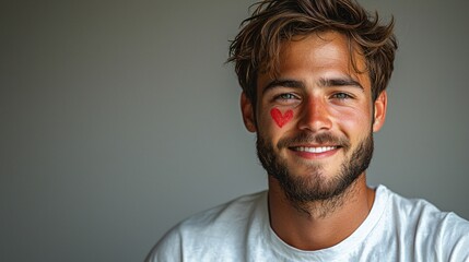 Obraz premium Cheerful young man with a heart graphic t-shirt, ideal for Mental Health Day promotions, wellness campaigns, or social media content emphasizing positivity and connection.
