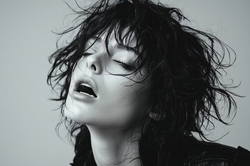 Naklejka premium A powerful close-up of a young woman screaming, conveying raw emotion and intensity. Ideal for Mental Health Day campaigns, awareness articles, and emotional well-being resources.