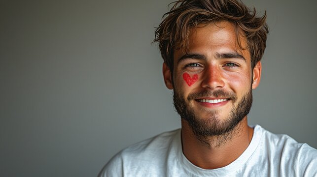 Cheerful young man with a heart graphic t-shirt, ideal for Mental Health Day promotions, wellness campaigns, or social media content emphasizing positivity and connection. - Powered by Adobe