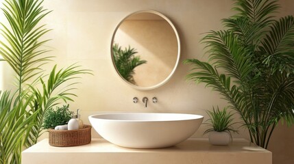 Fototapeta premium Luxurious bathroom with a clean white basin, beige walls, oval mirror, and elegant green plants