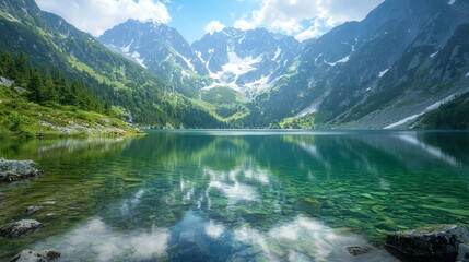 Serene mountain lake with clear water and snow-capped peaks.