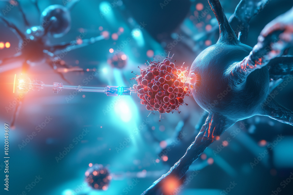 Poster close up of a cell with a virus inside of it. the cell is surrounded by other cells and the virus is